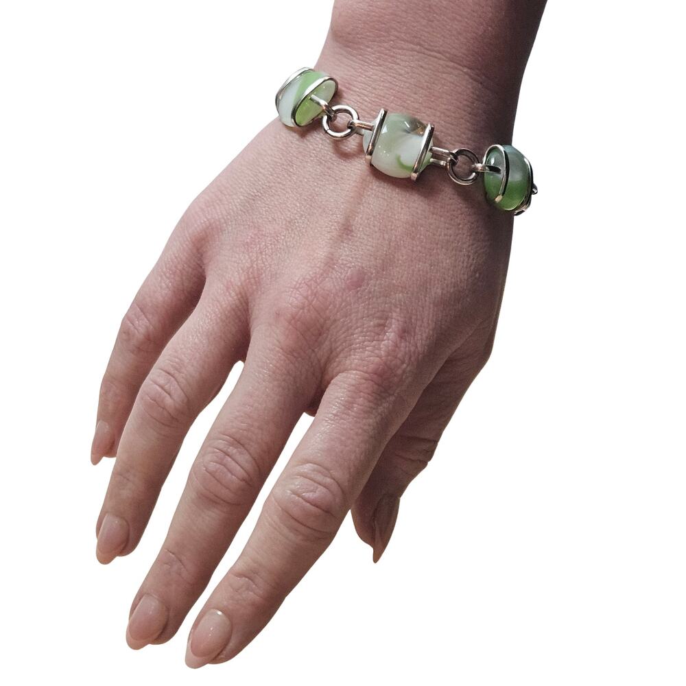 925 Chunky Sterling Silver Bracelet with Silver Wrapped Green White Art Glass